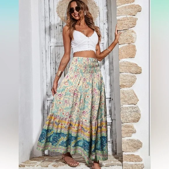 boho Skirts Bohemian Floral Print Patchwork Maxi Skirt New